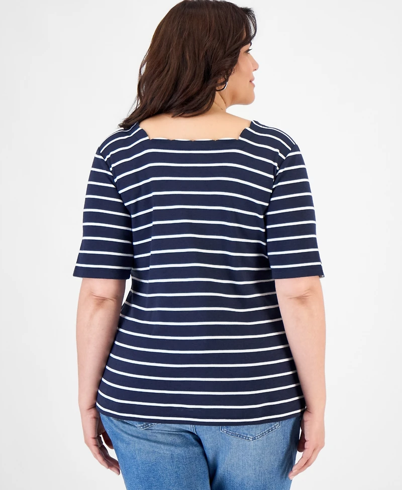 Style & Co Plus Striped Scalloped Square-Neck Top, Macy's Exclusive