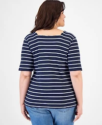 Style & Co Plus Striped Scalloped Square-Neck Top, Macy's Exclusive