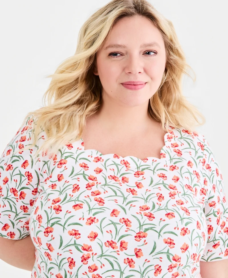 Style & Co Plus Printed Scalloped Square-Neck Top, Macy's Exclusive