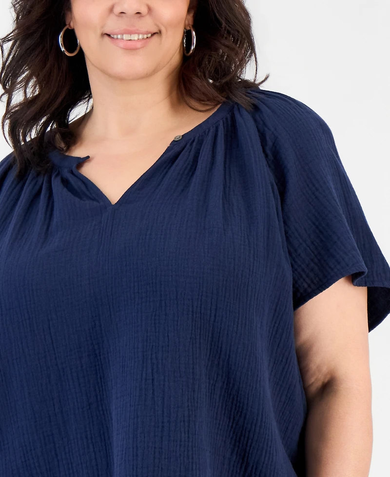 Style & Co Plus Cotton Gauze Flutter-Sleeve Top, Macy's Exclusive