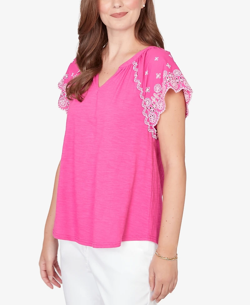 Ruby Rd. Petite Embroidered Sleeve Slub Knit T-shirt