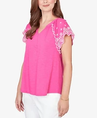 Ruby Rd. Petite Embroidered Sleeve Slub Knit T-shirt