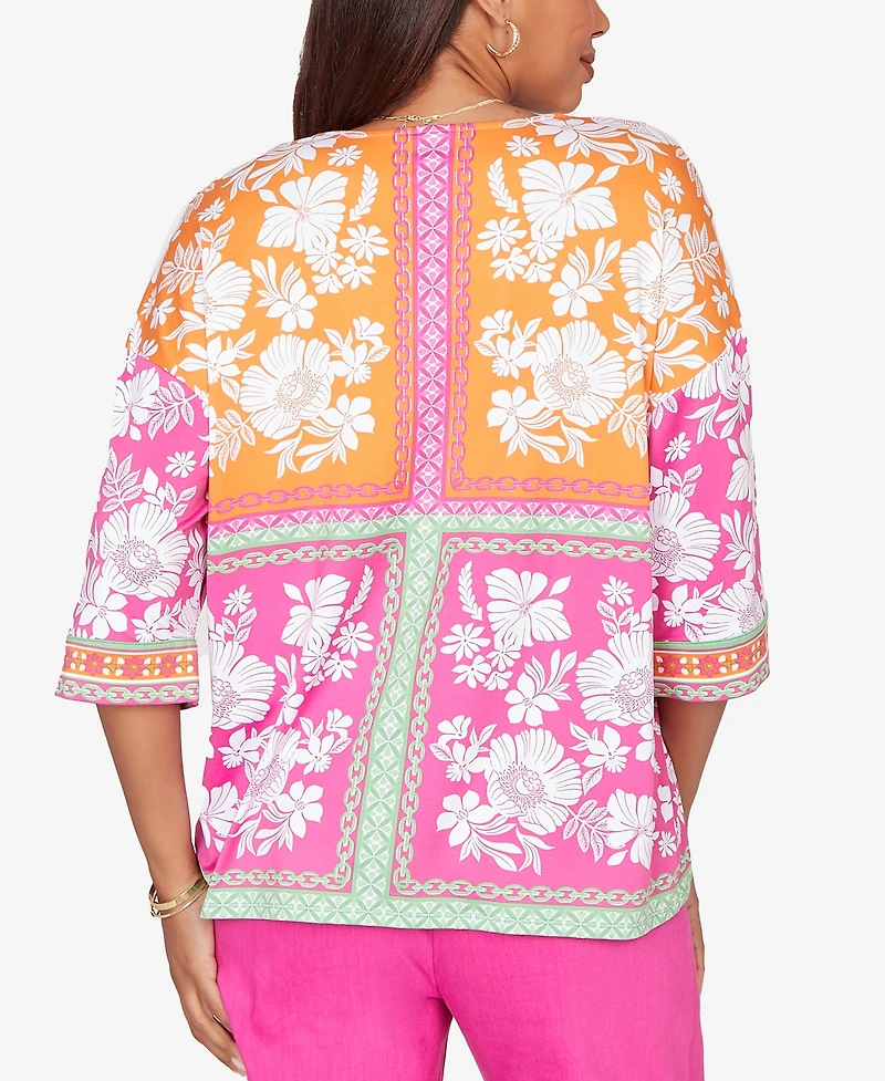 Ruby Rd. Petite Embroidered Placket Patchwork Knit Top