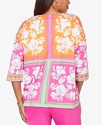 Ruby Rd. Petite Embroidered Placket Patchwork Knit Top