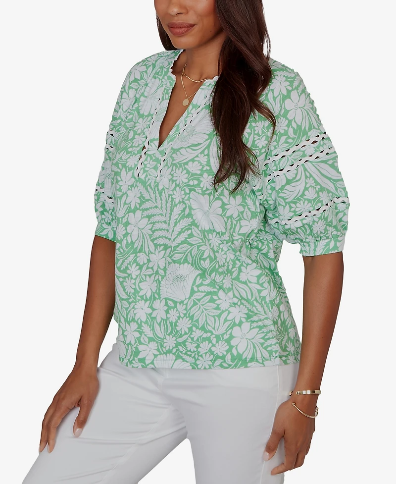 Ruby Rd. Petite Tropical Floral Trim Knit Top