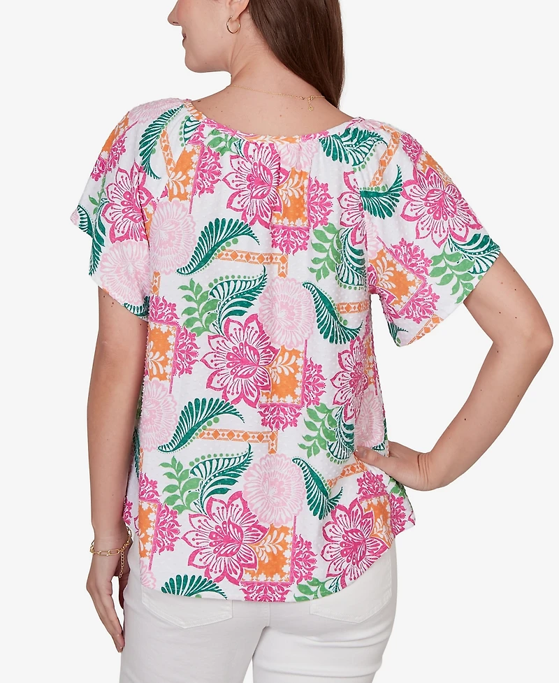 Ruby Rd. Petite Tropical Floral Eyelet Flutter Sleeve T-shirt