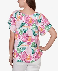 Ruby Rd. Petite Tropical Floral Eyelet Flutter Sleeve T-shirt