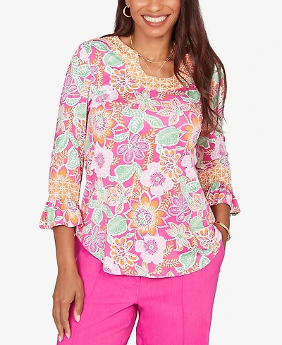 Ruby Rd. Petite Floral Puff Print Ruffle-Sleeve Knit Top