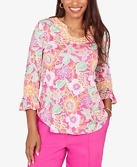 Ruby Rd. Petite Floral Puff Print Ruffle-Sleeve Knit Top