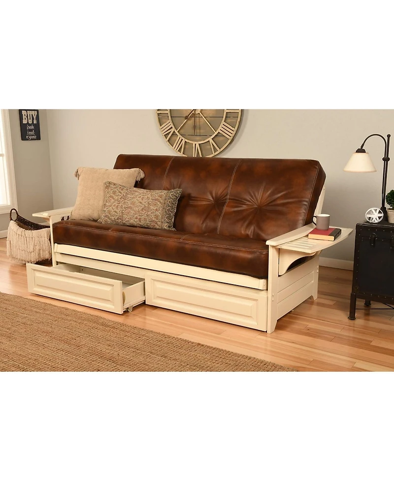 Kodiak Phoenix Frame-Antique White Finish-Oregon Trail Saddle Mattress-Storage Drawers