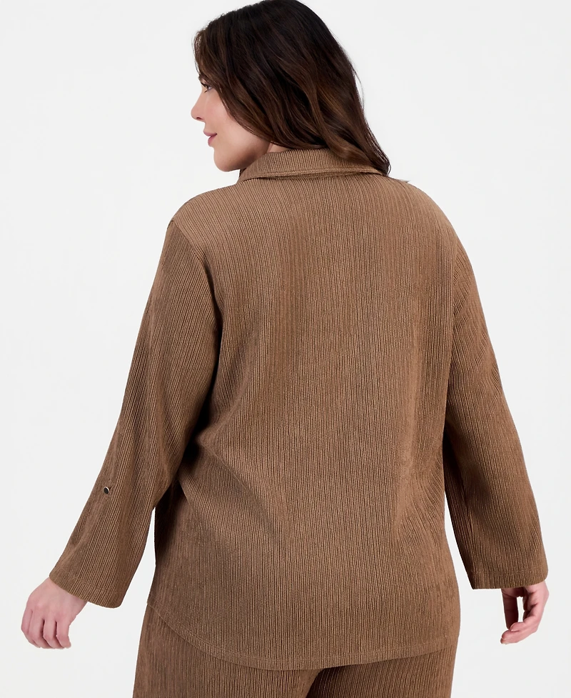 Anne Klein Plus Button-Front Roll-Tab-Sleeve Shirt