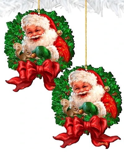 Designocracy Wreath Santa Bow Holiday Ornaments, Set of 2