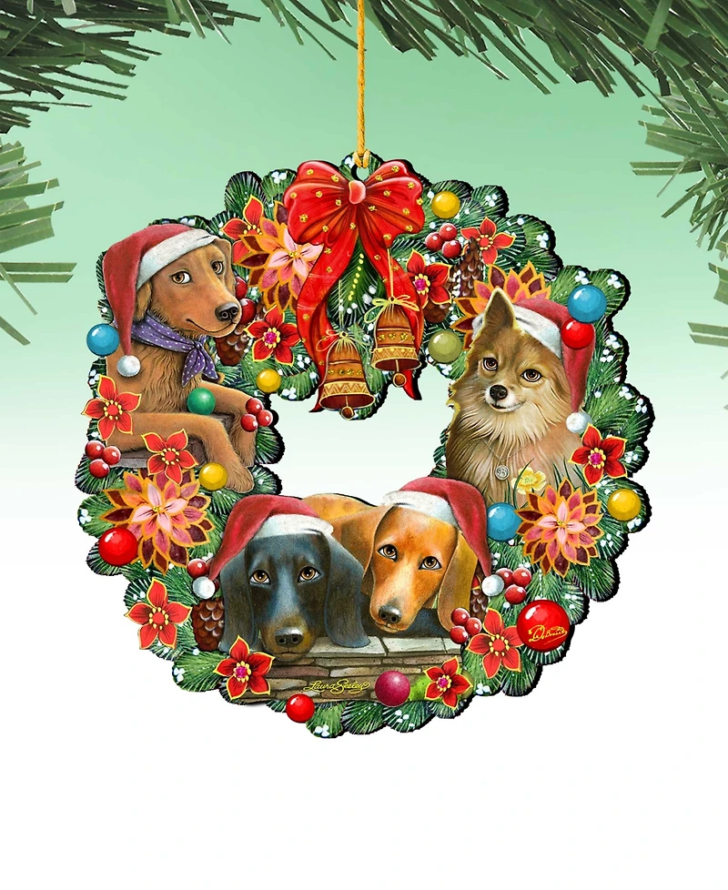 Designocracy Christmas Friends Puppy Wreath Holiday Ornaments, Set of 2