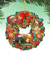 Designocracy Christmas Friends Puppy Wreath Holiday Ornaments, Set of 2
