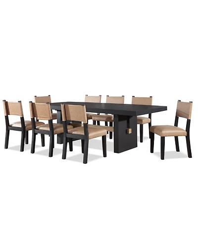 Macai 9-Pc. Wood Dining Table Set (Rectangular + 8 Faux Leather Side Chairs)