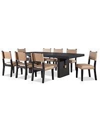Macai 9-Pc. Wood Dining Table Set (Rectangular + 8 Faux Leather Side Chairs)