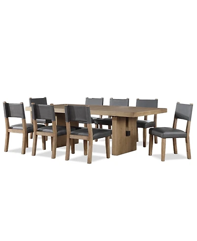 Macai 9-Pc. Wood Dining Table Set (Rectangular Table + 8 Faux Leather Side Chairs)