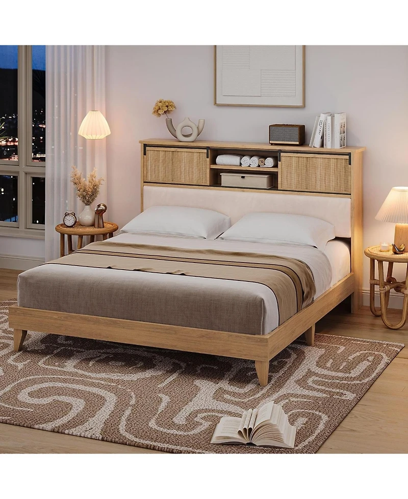 gaomon Rattan Bed Frame with Sliding Door Shelf Headboard, Bohemian Rattan Bed Frame Size with Shelves