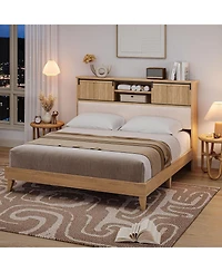 gaomon Rattan Bed Frame with Sliding Door Shelf Headboard, Bohemian Rattan Bed Frame Size with Shelves