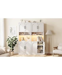 gaomon Kitchen Pantry Cabinet with Led Light Microwave Stand Barn Doors 2 Shelves