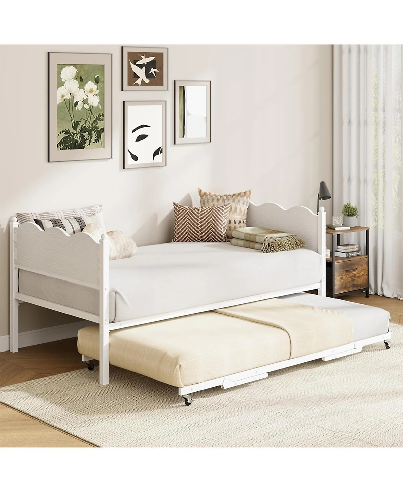 gaomon Daybed with Trundle, Industrial Wood Grain Headboard and Steel Slat Support with Casters