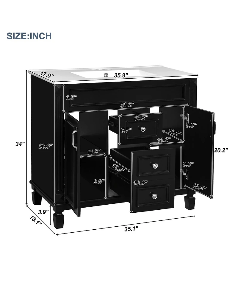 Sillysis 36" Bathroom Vanity with Sink and Mirror, Modern Freestanding Solid Wood Cabinet Storage Drawers Ceramic Top-Sillysis