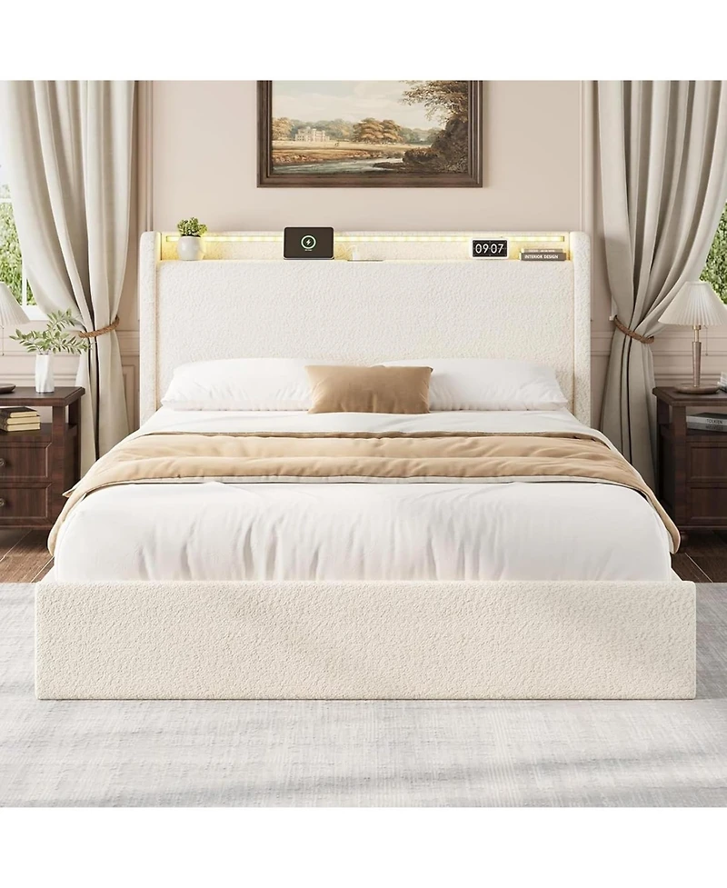 gaomon Full Bed Frame with Storage Headboard, Upholstered Charging Station, Led Lights, 4 Drawers