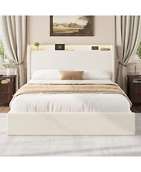 gaomon Full Bed Frame with Storage Headboard, Upholstered Charging Station, Led Lights, 4 Drawers