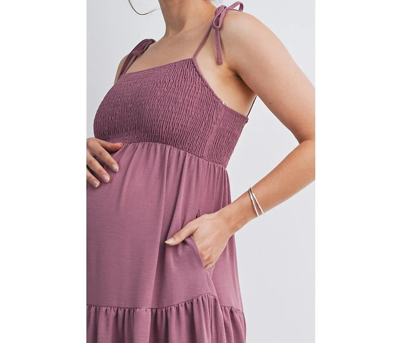 Hello Miz Maternity Smocked Square-Neck Midi Sundress with Tie Straps & Pockets