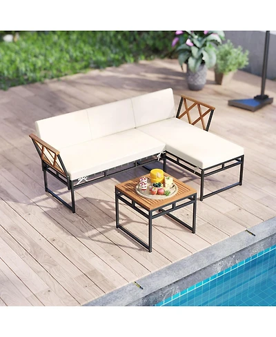 Costway 3 Pcs L-Shaped Patio Furniture Set with Loveseat Square Coffee Table Soft Back