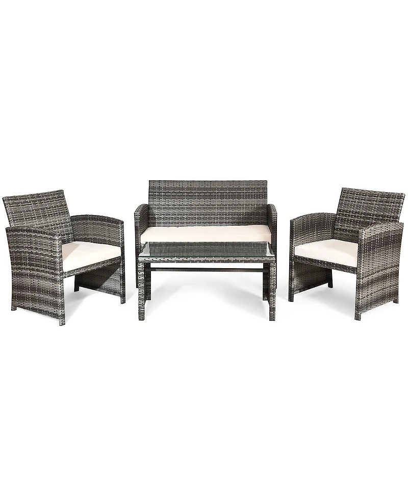 Gymax 4PCS Patio Outdoor Rattan Furniture Set Chair Loveseat Table Cushioned