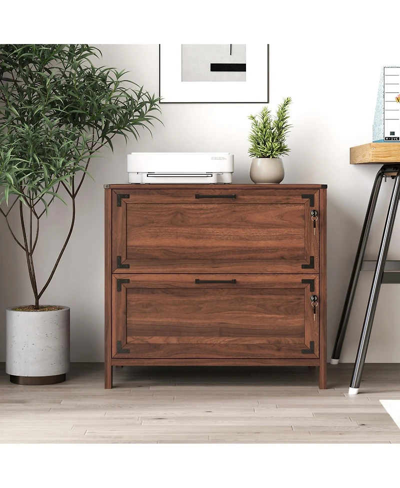 Rainsken 2 Drawer File Cabinet, Home Office Filing Organizer, Wood Lateral Filing Cabinet with Lock for Letter/Legal/A4/F4