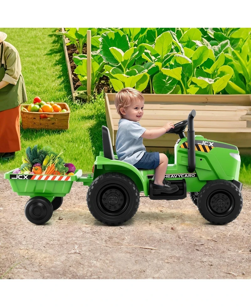 Hongge 12V 2 in 1 Kids Ride On Tractor with Trailer and 3-Gear Shift