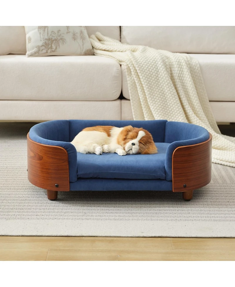 6thdruple Mid-Century Wood Pet Bed with Velvet Cushion