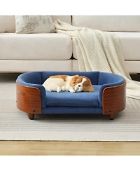 6thdruple Mid-Century Wood Pet Bed with Velvet Cushion