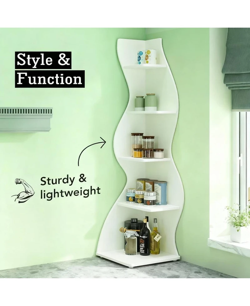 Rainsken 5-Tier Wall Corner Bookshelf, Modern Bookcase Storage Rack with Adjustable Shelves, Unique Shape for Living Room, Home Office