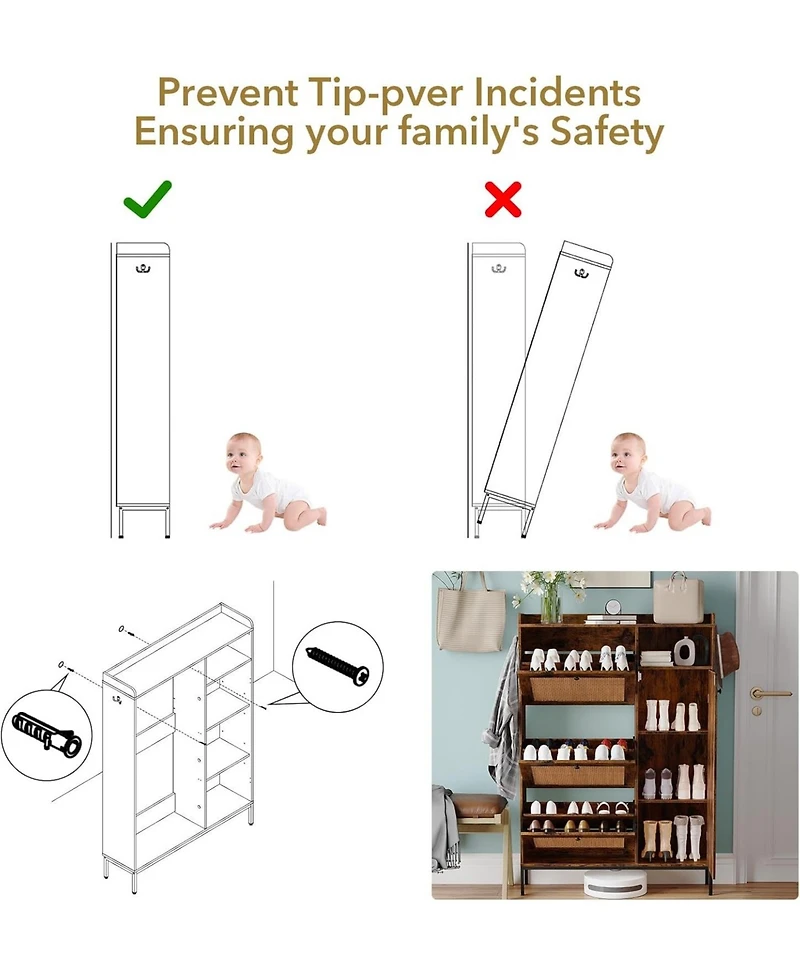 gaomon Rattan Shoe Cabinet with 3 Flip Drawers Narrow Entryway Shoe Organizer Adjustable Shelves Safety Fenc