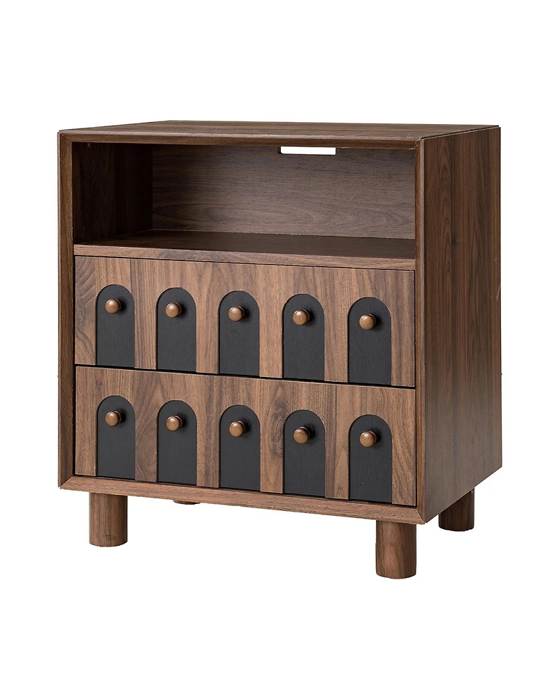 Rainsken Modern Mid-Century Nightstand with 2 Drawers, Solid Wood Bedside Table with Charging Station, Curve Mirror Design, End Table for Bedroom