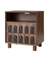 Rainsken Modern Mid-Century Nightstand with 2 Drawers, Solid Wood Bedside Table with Charging Station, Curve Mirror Design, End Table for Bedroom