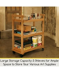 Yigii Solid Beechwood Art Cart with 3-Tier Shelves and Swivel Wheels