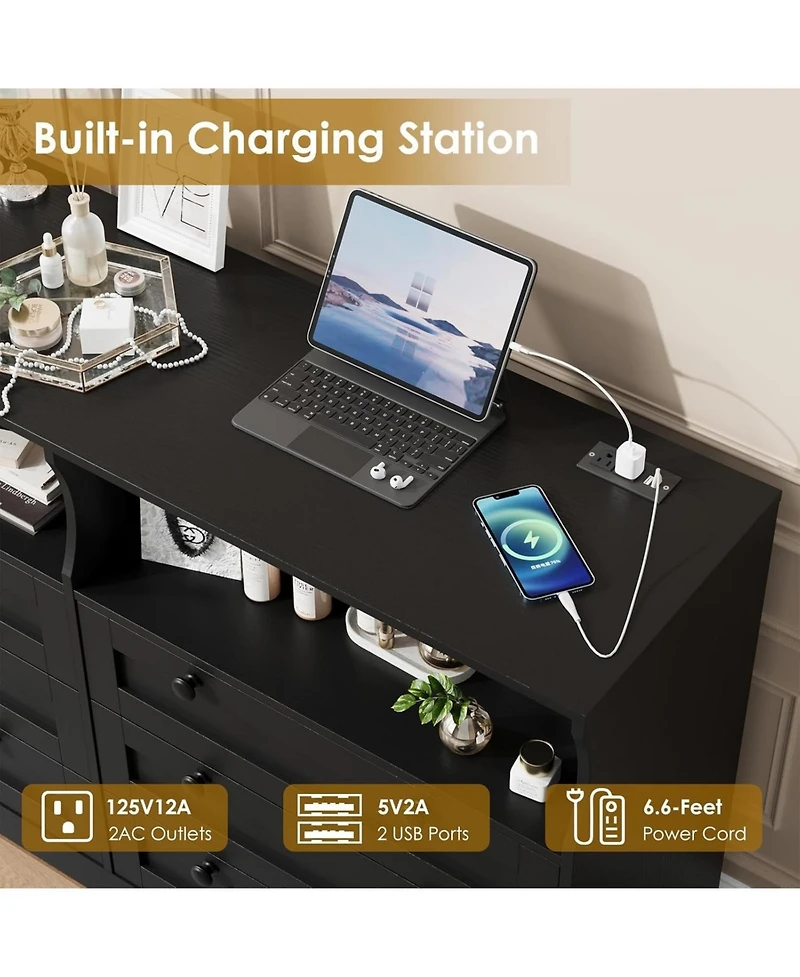 gaomon 6 Drawer Dresser for Bedroom, with Rgb Led Lights & Power Outlet, 55" Wide Chests of Drawers Dresser Tv Stand for 55 Inch Tv