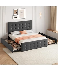 gaomon Bed Frame with Headboard & 4 Storage Drawers, Square Stitched Button Tufted Platform