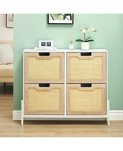 gaomon Rattan Shoe Cabinet Narrow Organizer with 4 Flip Drawers Freestanding Shoe Rack with Metal Legs Entryway