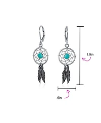 Bling Jewelry Native American Style Turquoise Dream Catcher Feather Leaf Dangle Earrings Sterling Silver