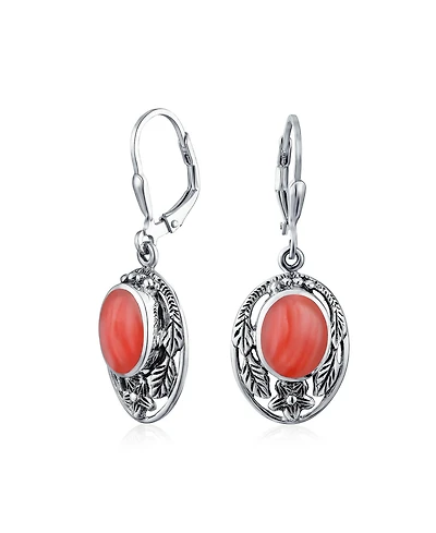 Bling Jewelry Western Style Floral Bezel Set Coral Dangle Earrings .
