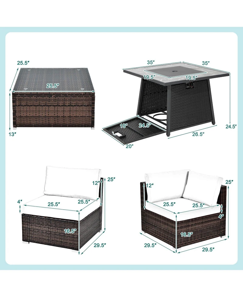 Gymax Set of 7 Patio Furniture w/ 35'' Propane Gas Fire Pit Table & Waterproof Cover