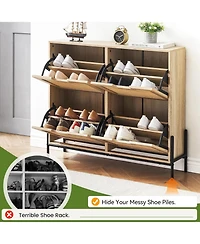gaomon Freestanding Shoe Cabinet with 4 Flip Rattan Doors Adjustable Shelves Entryway Hallway Narrow Storage Oak