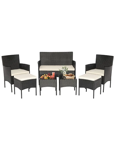 Gymax 7PCS Outdoor Wicker Sofa Set Patio Rattan Sofa Set w/ Coffee Tables & Ottomans