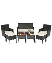 Gymax 7PCS Outdoor Wicker Sofa Set Patio Rattan Sofa Set w/ Coffee Tables & Ottomans