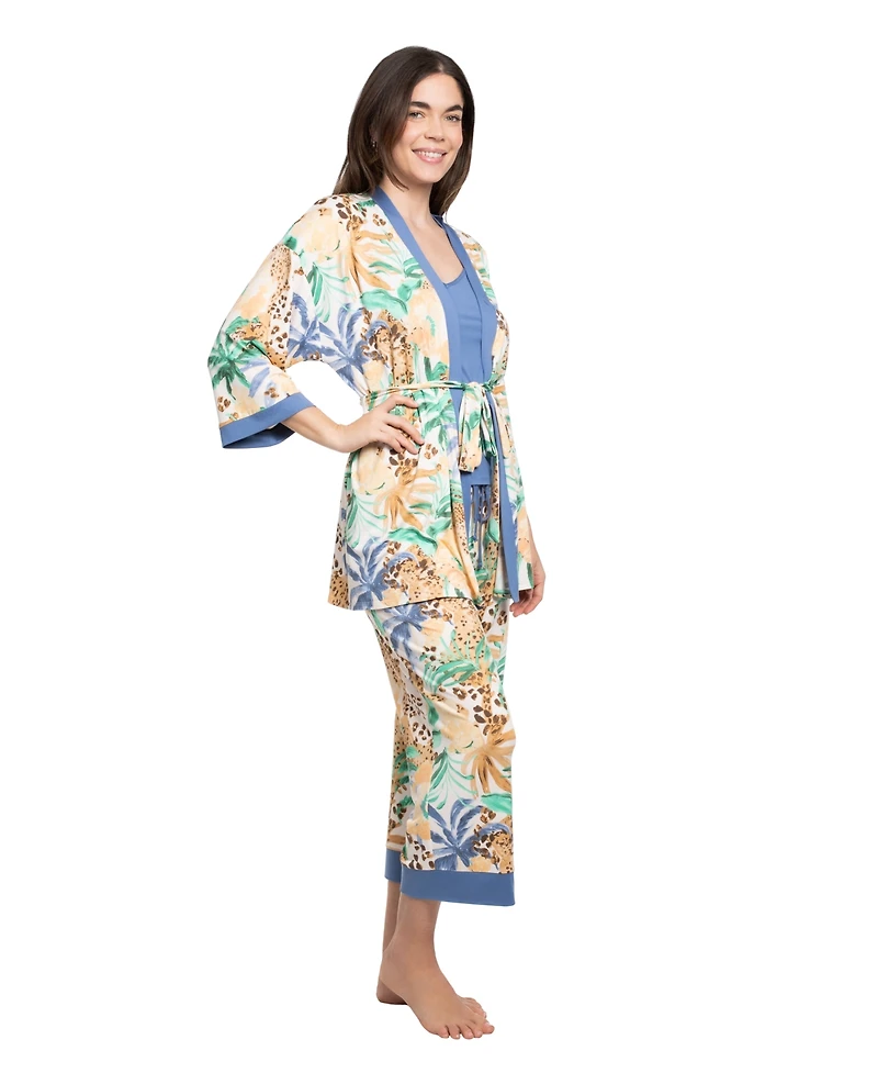 Linea Donatella Women's Printed Long-Sleeve Wrapper, Camisole and Pants, 3-Piece Set
